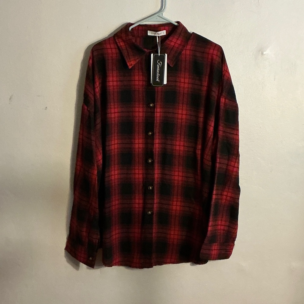 Casual Red and Black Plaid Button-Down Shirt